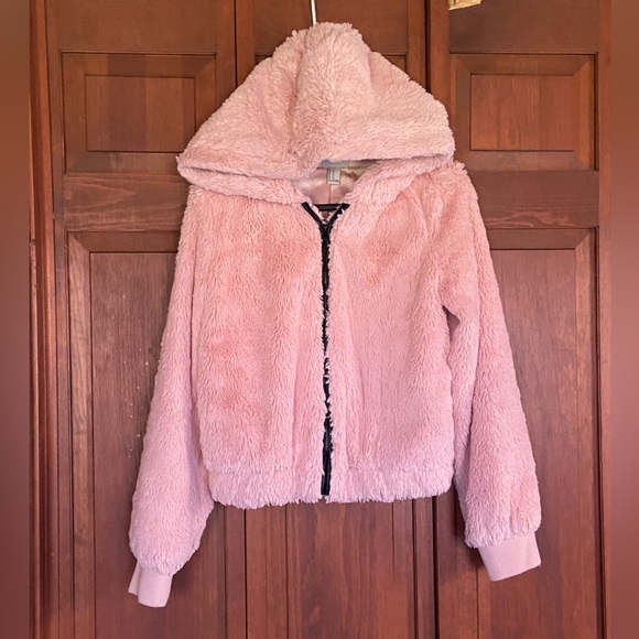 F21 Pink Faux Fur Hooded Jacket w/Black Trim and Satin Lining Medium - Picture 13 of 13